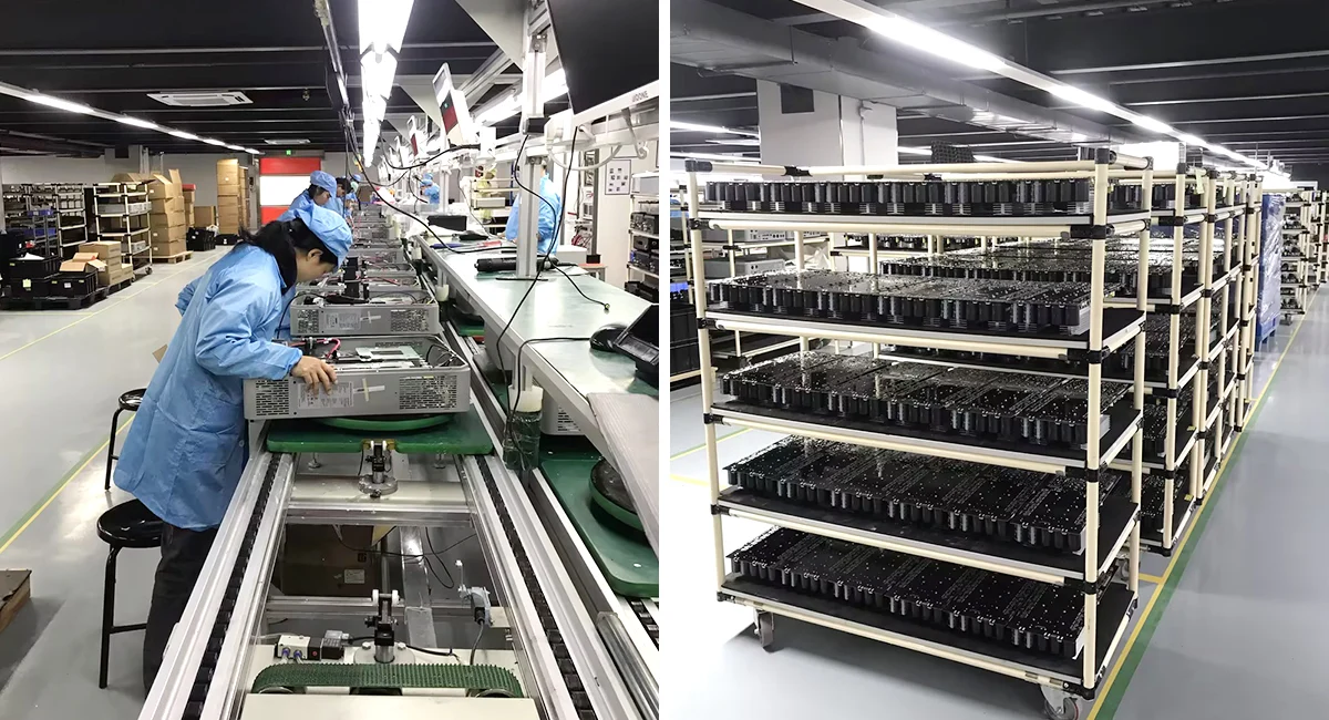 Solvic hybrid inverter factory manufacturing – technicians performing assembly, inspection, and quality assurance on production line, ensuring reliable solar storage products